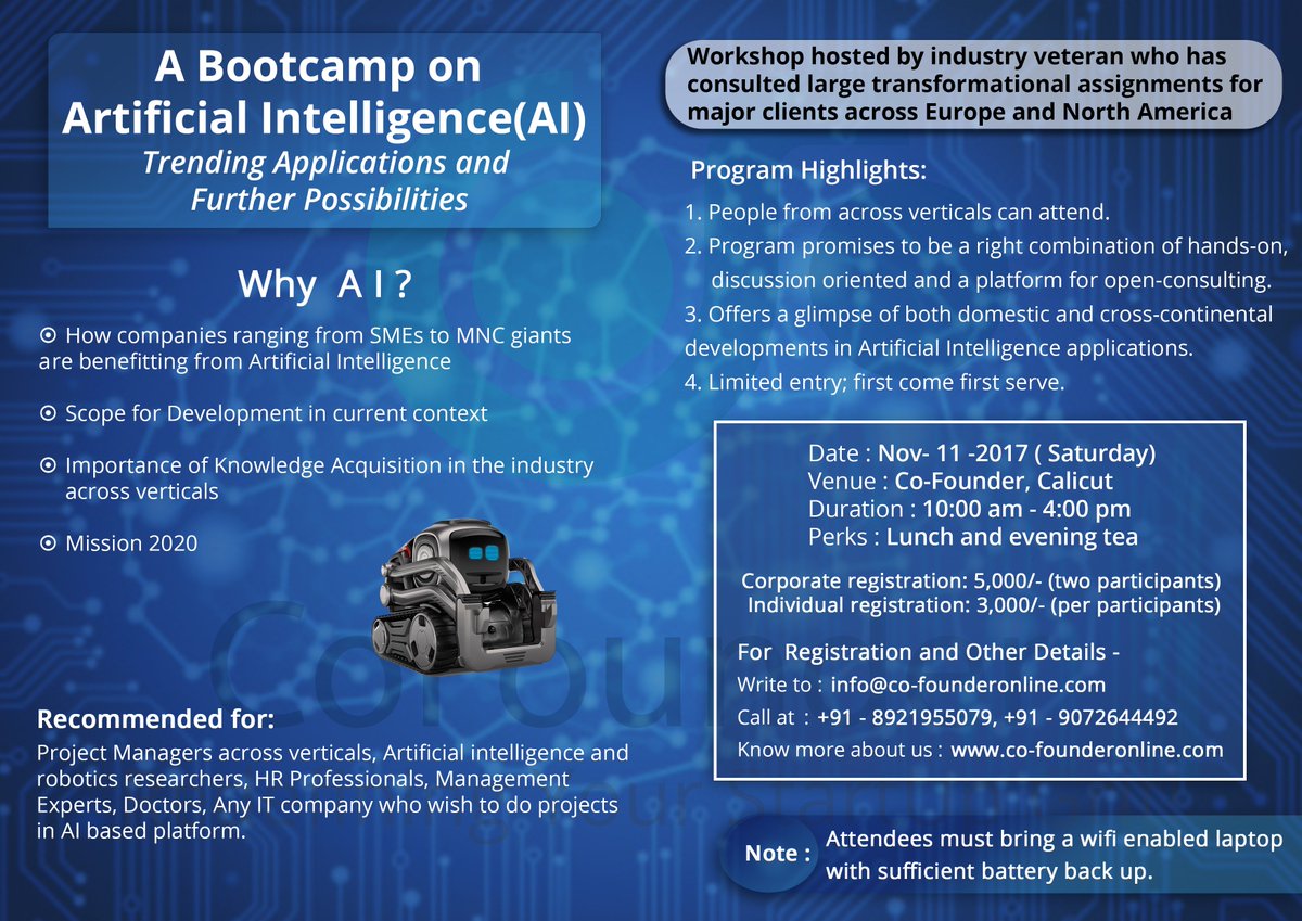 cofounderonline's tweet photo. Hello, People of Calicut! CoFounder is conducting a one day workshop on AI this Saturday! Check the brochure below for registration details. https://t.co/WlD0dJwziL