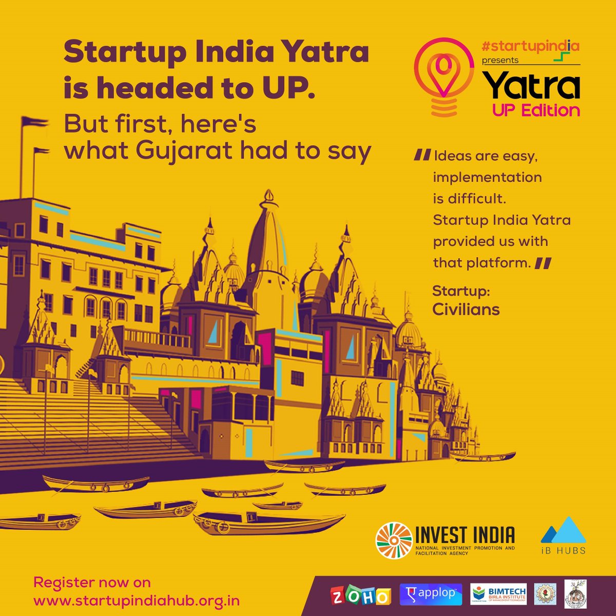 investindia's tweet photo. After Gujarat, @startupindia Yatra is headed to Uttar Pradesh! Register now at https://t.co/T3WN6tVhk6 https://t.co/GMhAPrEkMz