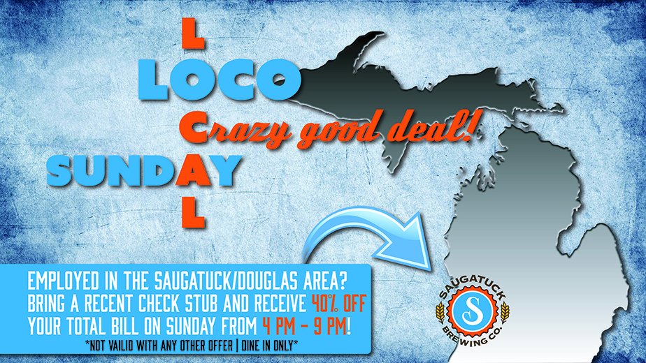saugatuckbrew's tweet photo. We've gone CRAZY! Work in the Saugatuck/Douglas area? Get 40% off your bill every Sunday from 4 pm - 9 pm! #LocoLocal #SBrewing #CrayCray https://t.co/DwDP0EhB18