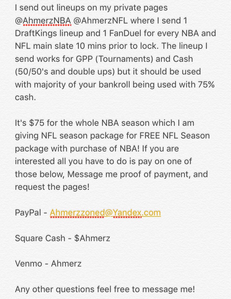AhmerzDFS's tweet photo. Have 386 DM's that I can't answer immediately so if you are looking to purchase my lineups here's how to do it! 

RT's Appreciated! https://t.co/27416Eyxk5