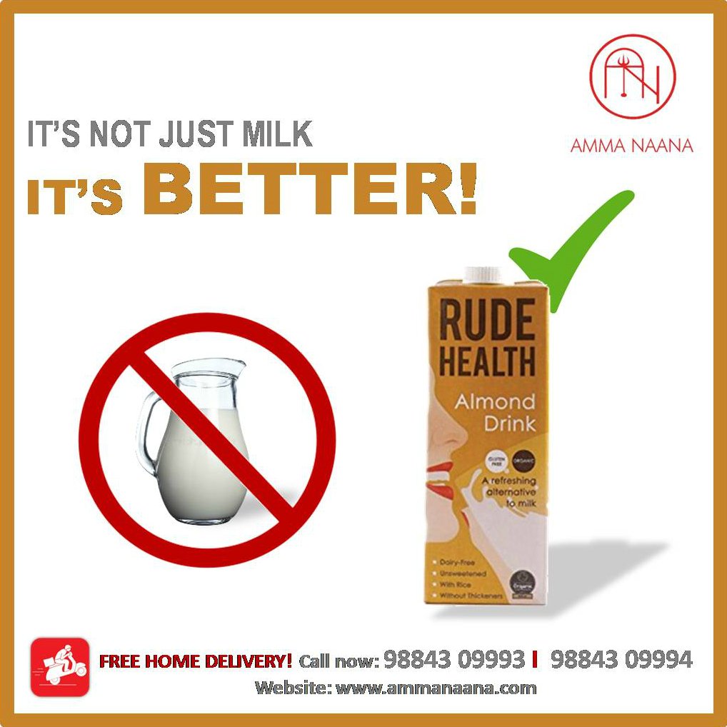 AmmaNaanaStore's tweet photo. It's not just milk.
It's better!
RUDE HEALTH Almond Drink available at @AmmaNaanaStore . For #FreeHomedelivery CallNow:9884309992,9884309993 https://t.co/VMHEG5vw6J