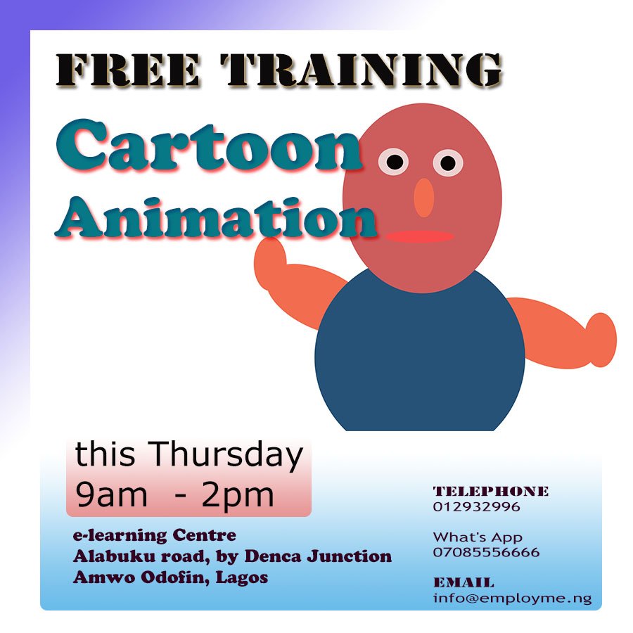 KenUdohCV's tweet photo. This weeks #Free #training series.
- Cartoon Animation
- Graphic Design

Thursday from 9am
to book for a seat call: 01 2932996 https://t.co/3SkIaSrGL5
