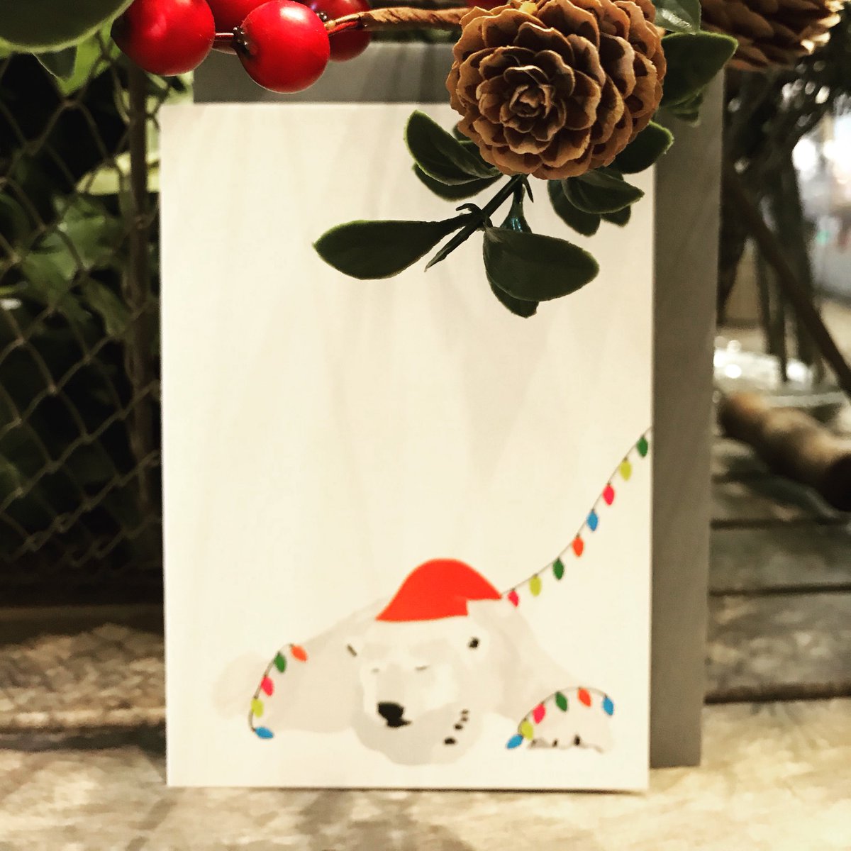 hortus_london's tweet photo. Cute cards from #hellogeronimo. Polar bears, geese and penguins all wrapped up in felt marquee lights #GreetingCards https://t.co/vjON0DqHBS