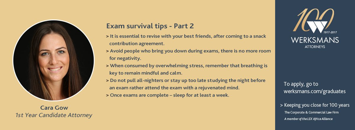 WerksmansGrads's tweet photo. Law students, with exam time here we thought we would share some exam survival advice. Here is the 1st installment of our #examsurvivaltips https://t.co/DkIDdrLvE6