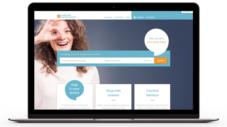 vacaturebank_nl's tweet photo. We zijn bijna zover! De laatste puntjes op de 'i' en dan zie je morgen… onze vernieuwde site! Hier alvast een sneak peek van de homepage. https://t.co/Iy32lCE7Gn