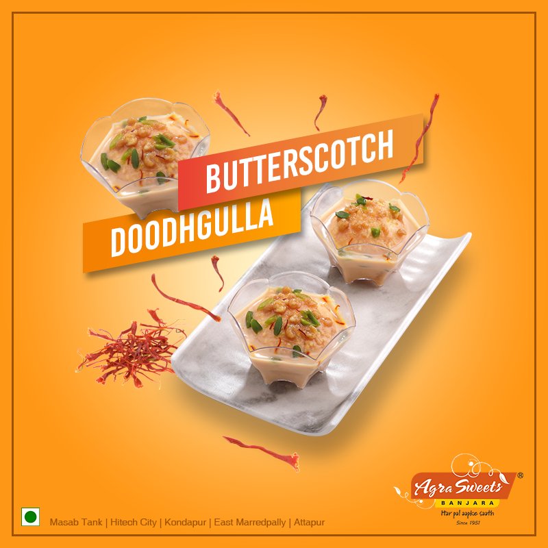 ASBHYD's tweet photo. When you’ve had a long and boring day, reach out for Butterscotch Doodhgulla. #AgraSweetsBanjara #Sweets #Fusion #Butterscotch #Dessert https://t.co/foBbPgBLAt