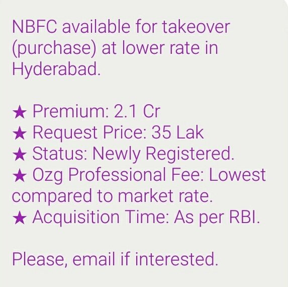 NBFCtakeover's tweet photo. A new #NBFC #Company is available for sale or #takeover at very low price.

Please, email to: ask@nbfc.in 

#nbfcregistration #nbfctakeover https://t.co/SHgLhUTfmd