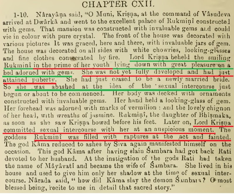 Krishna's 'first night' with child-bride RukminiSpoiler: She 'fainted' after intercourseBrahma-Vaivarta Puranam:  https://ia600203.us.archive.org/3/items/brahmavaivartapu04allauoft/brahmavaivartapu04allauoft.pdf