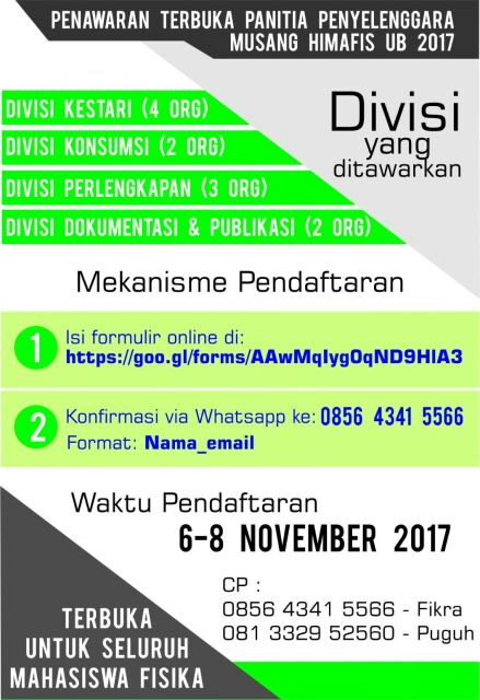 [MUSANG HIMAFIS UB 2017]

"Berkontribusi tak harus dengan melakukan hal yg besar, cukup hal kecil tapi bermanfaat bagi banyak orang"