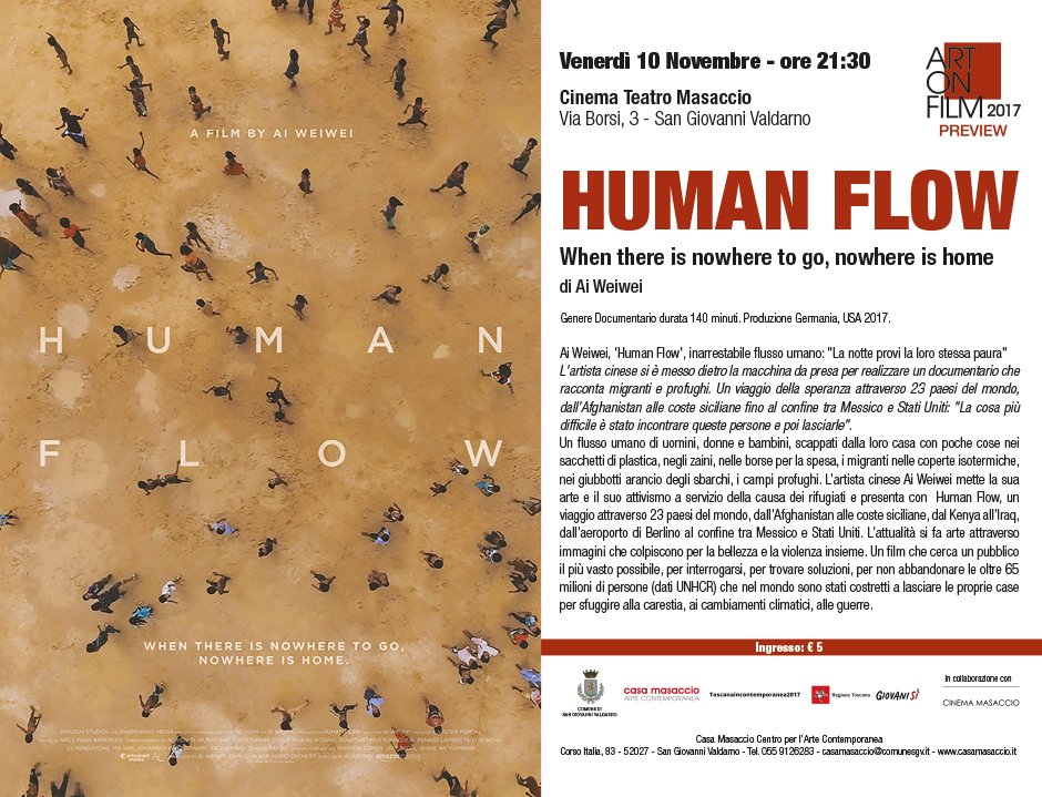 CasaMasaccio's tweet photo. SAVE THE DATE: venerdì 10 novembre, Cinema Teatro Masaccio, ore 21 #ArtOnFilmPreview #HumanFlow #AiWeiwei https://t.co/X70lqmuFwt