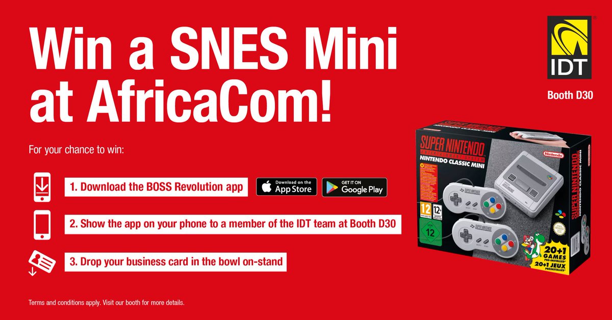 IDTCarrier's tweet photo. Win a Nintendo classic mini #AfricaCom this week!  Visit IDT booth D30 to be in with a chance. Good luck! https://t.co/qo3gthFJGO