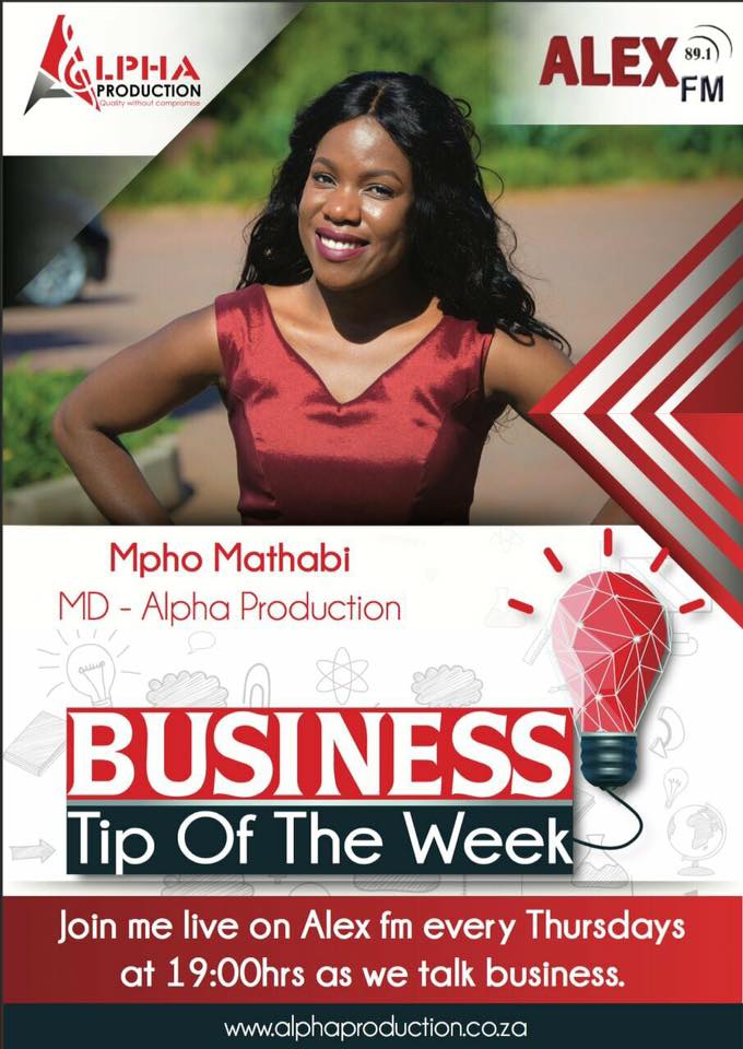 AlphaProdZA's tweet photo. Don't forget to tune into @Alexfm891 every Thursday at 7PM as Mpho Mathabi shares tips to make it in the business world. #BusinessTip https://t.co/zwSPeFuG9P