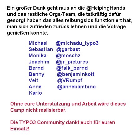 Real20179's tweet photo. Dank an das Orga-Team:

@michadu_typo3 @garbast @moschz @jr_pictures @annebambino @falk_bernd @benjaminkott @VRumpf 

#T3CRR #t3crr17 #TYPO3 https://t.co/7kTK0ARYGh