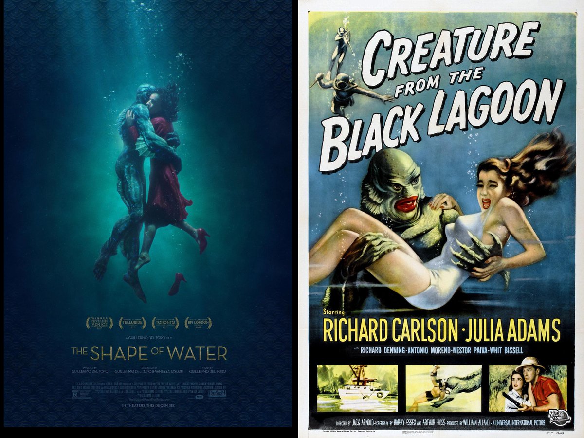 100yearscinema's tweet photo. The Shape of Water poster vs The Creature from the Black Lagoon poster. #teamgilman #Ifuckinglovemoviemonsters https://t.co/Yyn1Xt1gE5