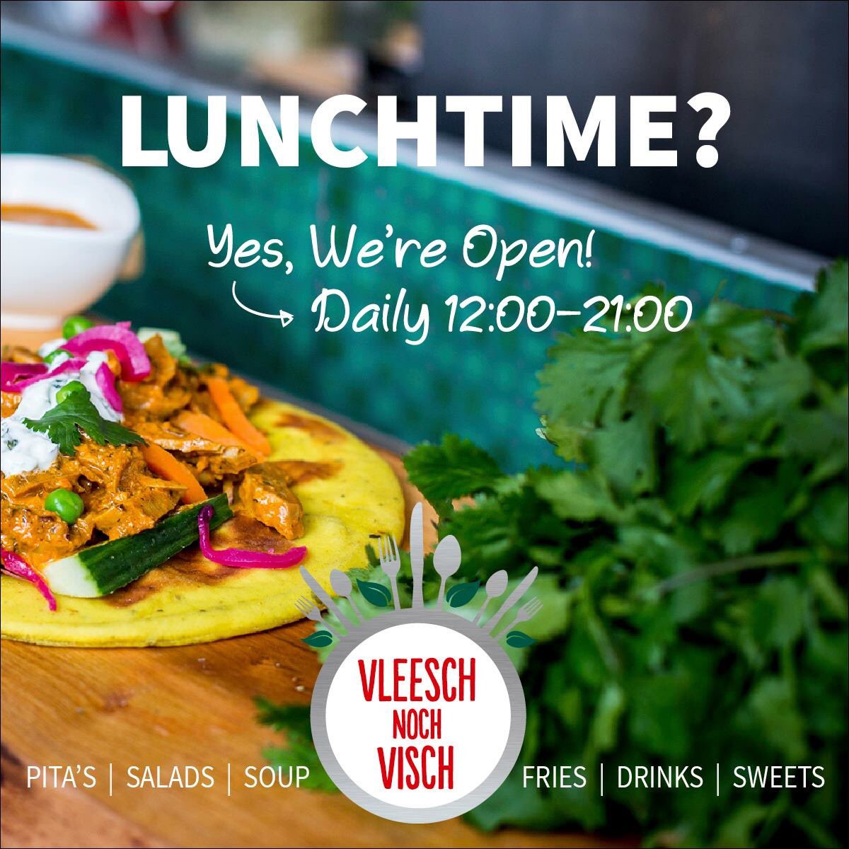 Vanaf nu zijn wij ook open tijdens de LUNCH! Dagelijks 12:00-21:00 🍀 Pita’s | Salades | Soep | Frites | Koffie | Zoet &amp; meer #vegetarisch