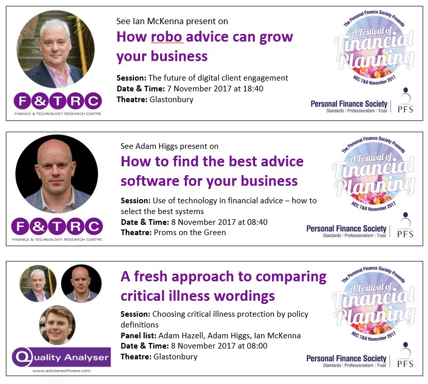ianmckennaftrc's tweet photo. The @F_TRC team will be making three presentations at the #PFSFestival covering #AdviserSoftware #RoboAdvice &amp; comparing Critical Illness https://t.co/YbTi6Vs2r6