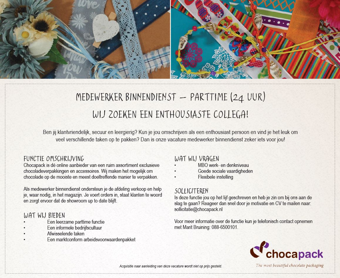ChocaPack's tweet photo. Wij zoeken een nieuwe collega! Kom jij voor 24 uur per week ons team versterken op de binnendienst? Wie weet tot heel snel! https://t.co/k4TjjTOM0L