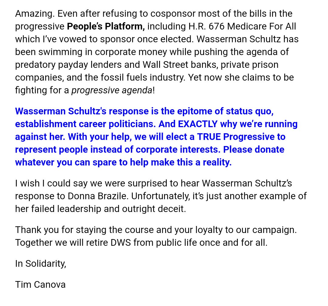 Ventuckyspaz's tweet photo. I don't support democrats at all but @Tim_Canova has my full support. Take out @DWStweets next year my friend! You're awesome!! https://t.co/0nlnq4JuPv