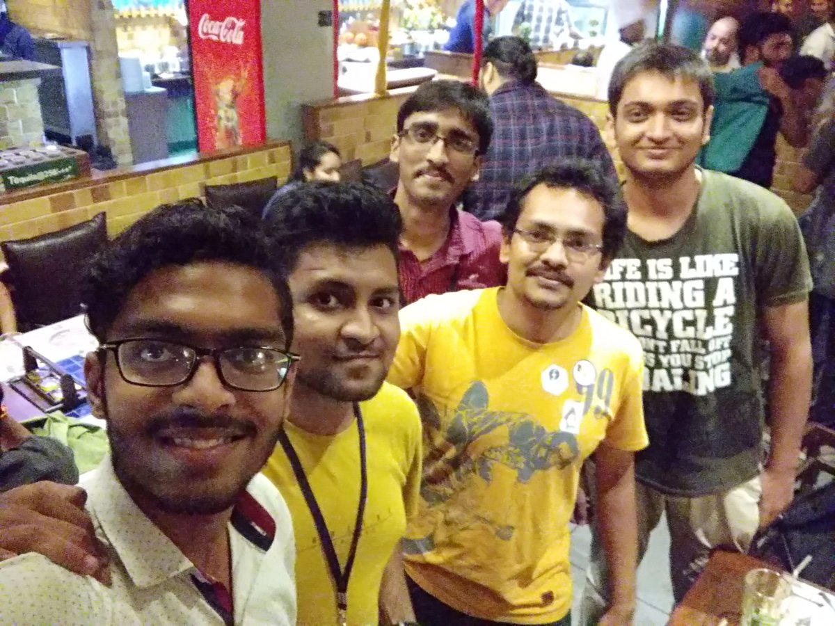 Rishucastic's tweet photo. Great time at volunteer dinner party during @pyconindia at @BarbequeNation with @bhanuvrat and @rohanrajgupta #pyconindia 
My first pycon💖 https://t.co/9Q4vPuCYOZ