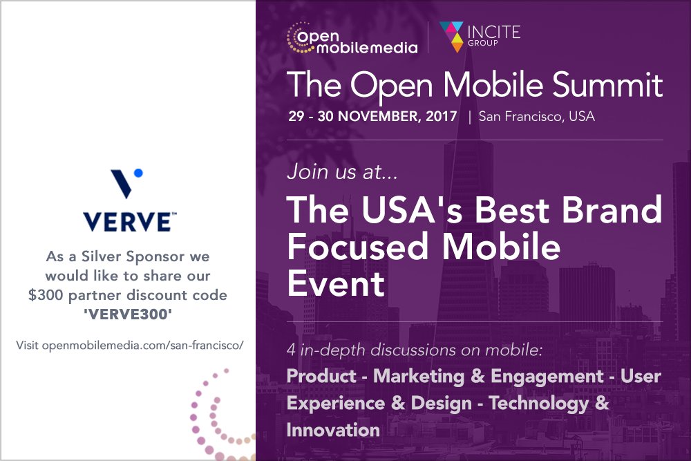 openmobilemedia's tweet photo. We're very excited to announce @vervemobile as Silver Sponsors of the Open Mobile Summit (Nov 29-30)! https://t.co/bqBtji3zlZ #OMSSF https://t.co/LxeImHz35U