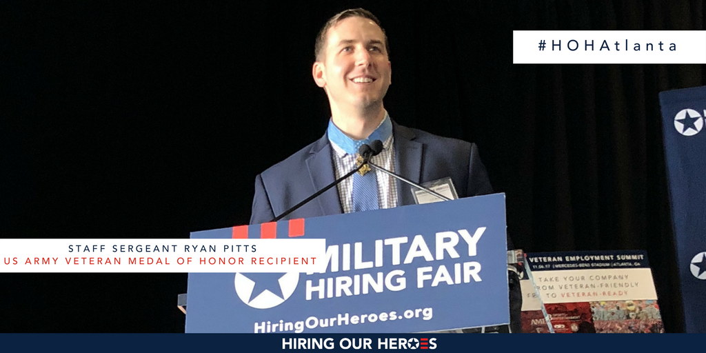 hiringourheroes's tweet photo. Providing the keynote remarks today is Ryan Pitts, US Army Veteran Medal of Honor Recipient #HOHAtlanta https://t.co/zzYPX9Wlu9