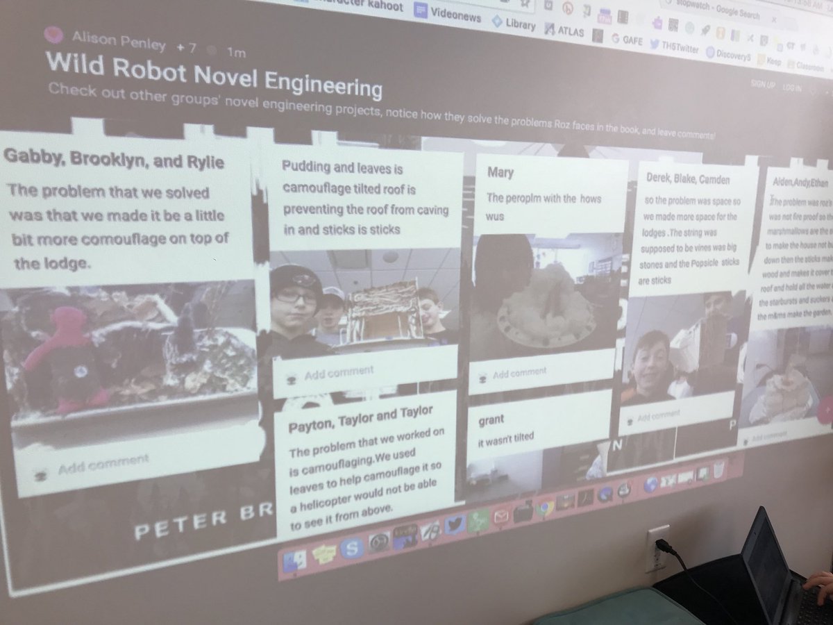 MrsThierysClass's tweet photo. Sharing our engineering ideas for a new lodge with our friends from Maine using @padlet #GRA17 #TrailBlazeOn #TheWildRobot https://t.co/v4I0BX6thb