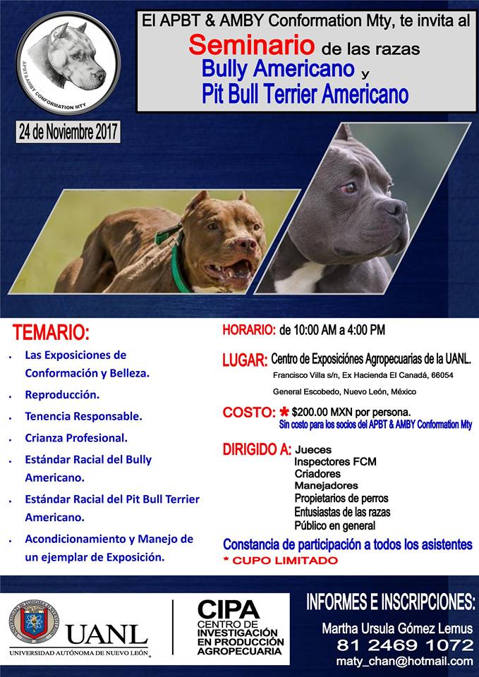 uanl_ceag's tweet photo. Seminario de las razas Bully americano y Pitbull terrier americano, el próximo 24 de noviembre en nuestras instalaciones. CUPO LIMITADO. https://t.co/1I3WGOzrdB