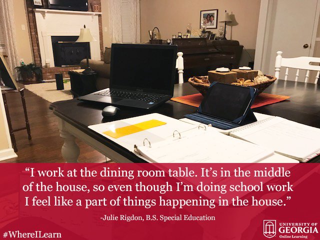 UGA_Online's tweet photo. Today is the first day of Distance Learning Week! Share your study spaces with us using #WhereILearn and #UGA. Feel free to tag us too! https://t.co/fGggXOzLl8