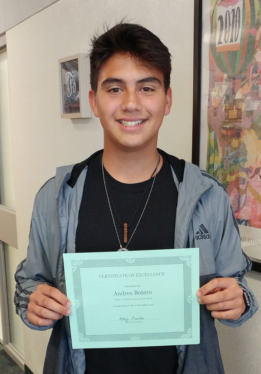 SicklesHigh's tweet photo. Congratulations to our student of the week Andres Botero. https://t.co/5ubPHfFg68