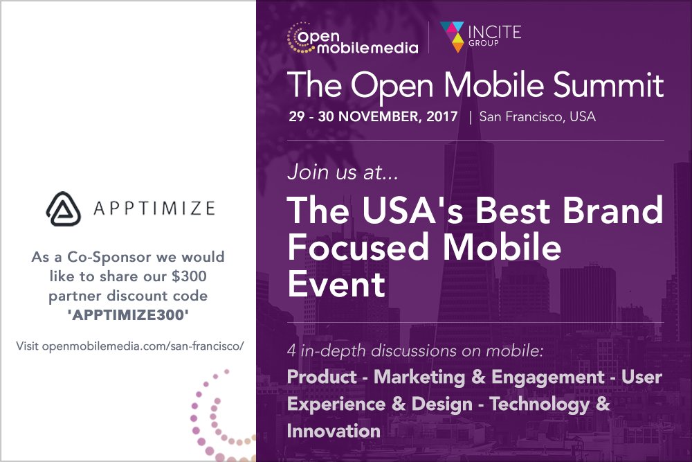 openmobilemedia's tweet photo. We're very pleased to reveal @apptimizeAB as Sponsors of the Open Mobile Summit (Nov 29-30)! Don't miss out! https://t.co/bqBtji3zlZ #OMSSF https://t.co/qXSei95STW