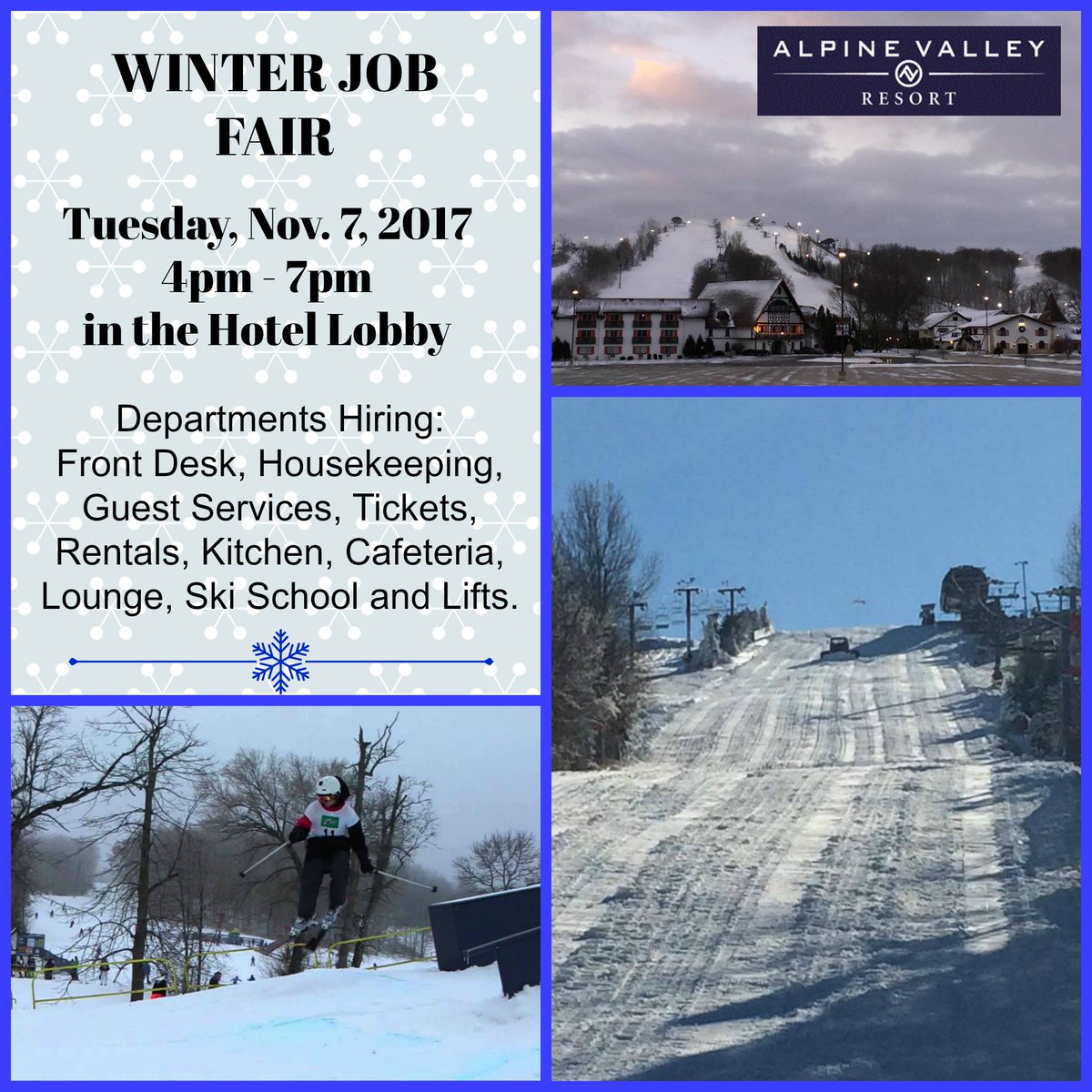 AVresort's tweet photo. Looking for a job? Come down to the Winter Job fair tomorrow! https://t.co/H06n8Qn8ca