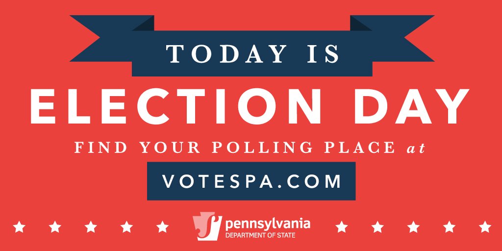 PAStateDept's tweet photo. It's #ElectionDay in Pennsylvania! Polls will be open from 7AM to 8PM. https://t.co/liU75BrQpf #votesPA https://t.co/nBnE31lsDA