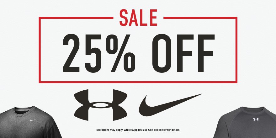 ElonBookstore's tweet photo. You read that right! Take 25% off all Nike and Under Armour. Shop here: https://t.co/hzIAWWOObJ https://t.co/aQhsSGvbME