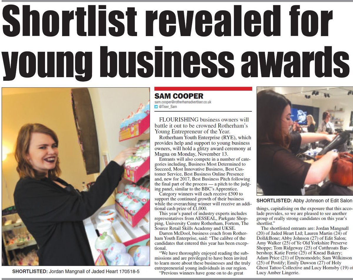 RothTownCentre's tweet photo. Great piece in this weeks @rotherhamtiser on @JadedHeartLtd @cutthroatsHQ &amp; @holyghosttattoo being shortlisted in the @RYE_Rotherham Awards! https://t.co/nIKnkjnI40