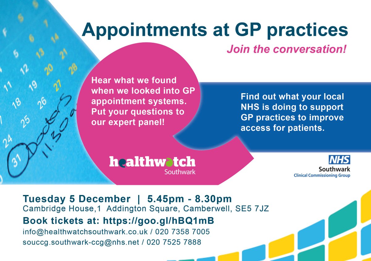HWSouthwark's tweet photo. #FreeEvent -  Join the conversation on 5th Dec with @HWSouthwark and @NHSSouthwarkCCG about GP appointments!:  https://t.co/YYvDj1OMyl https://t.co/GhcNo1S6ey