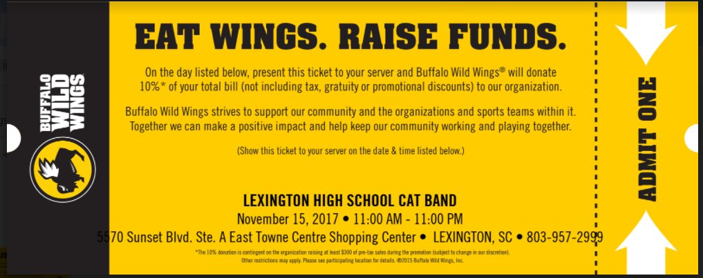 Spirit Day is November 15, 11am-11pm. Print the ticket, give to server &amp; band gets 10% of check! Thanks &amp; please spread the word!