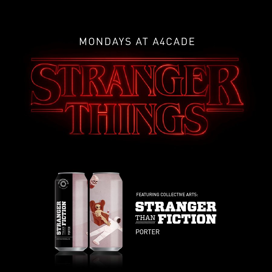 CollectiveBrew's tweet photo. #Boston - @Stranger_Things @a4cade every Monday in Oct + Nov! Serving Stranger than Fiction Porter, obviously. https://t.co/i10AG1JiAM https://t.co/0BJ63LiKwU