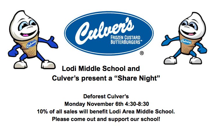 lcat4youth's tweet photo. REMINDER: Visit the #DeForest Culver's TONIGHT (Nov. 6) from 4:30-8:30pm to support the Lodi Area Middle School! #ShareNight #LodiPride https://t.co/wnAVb7kLLz