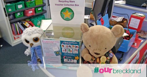 BreckCouncil's tweet image. Watton Library Mascots Alby the Bear and Libby the Owl proudly hand over the vouchers collected at the library #ourbreckland