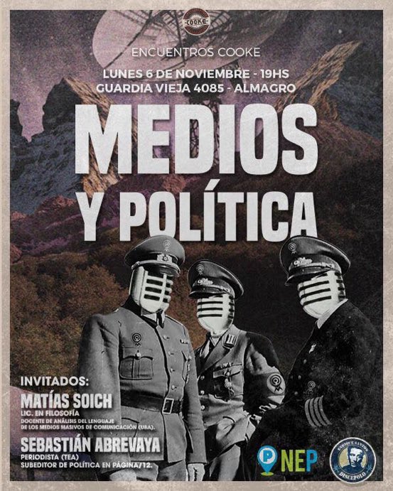 Nuevo debate de #EncuentrosCooke. Hoy, medios y política junto a <a href="/SebasAbrevaya/">SebasAbrevaya</a> y Matias Soich.