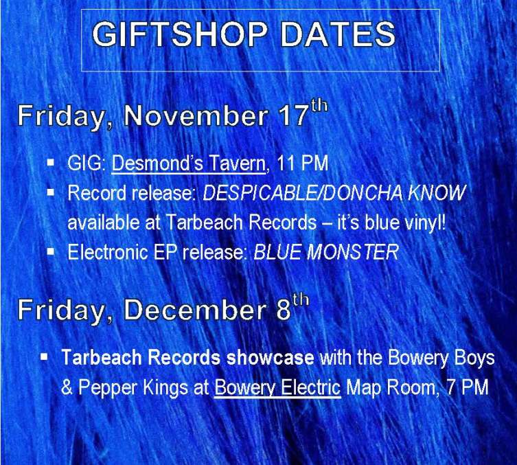 GiftshopNYC's tweet photo. Here's what's coming up! #recordrelease #gig #BlueMonsterEP #TarbeachRecords @TarbeachRecords https://t.co/BM0gknqEXD