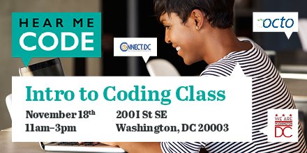 TechTogetherDC's tweet photo. #DidYouKnow the skill of #coding is highly in demand now and in the future? Interested? Check out the #HearMeCode Intro to Coding! https://t.co/yfZDEj66wD