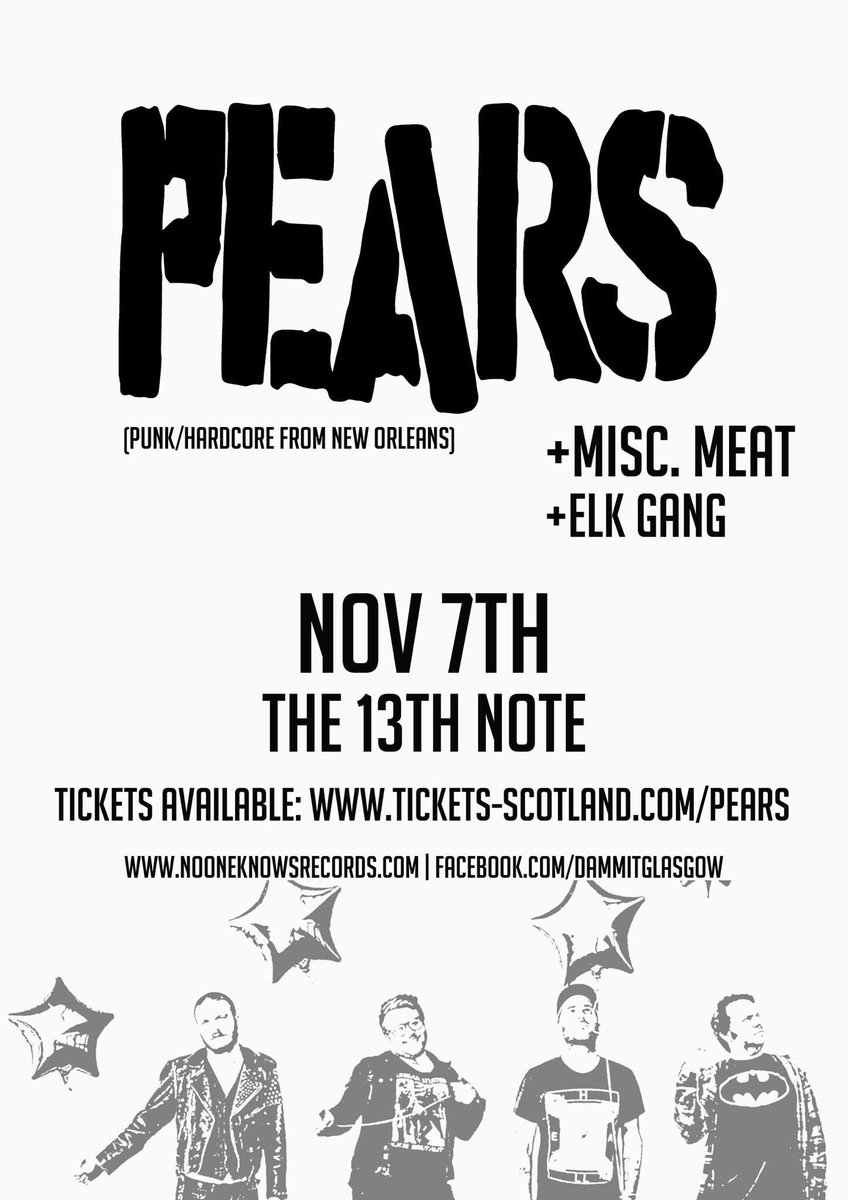 Holy Shit!!! <a href="/pearstheband/">PEARS</a> play @official13thnot tomorrow in Glasgow with @MISCMEAT &amp; <a href="/elk_gang/">Elk Gang</a> Tickets available on the door.