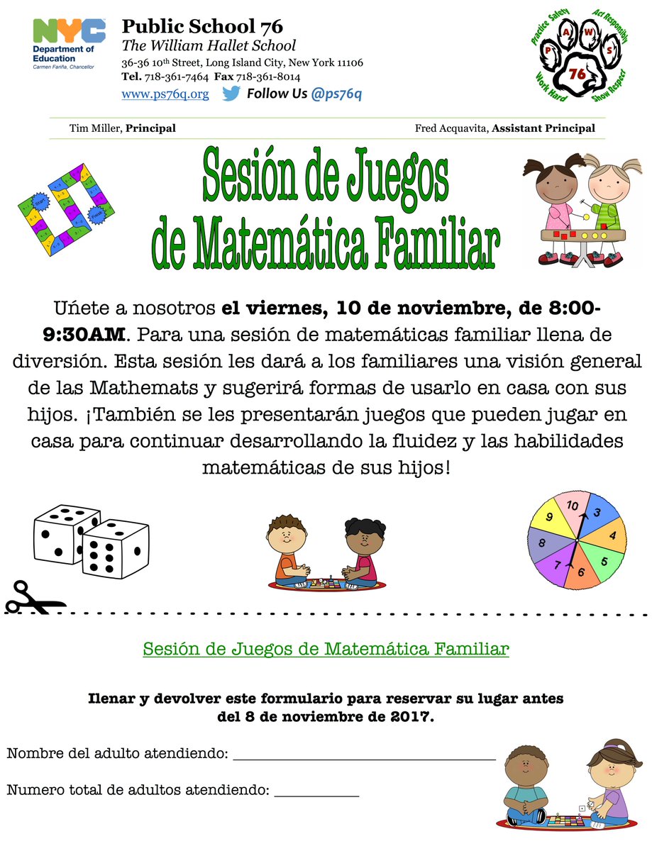 Don't miss Family Math Games Session for Parents, Friday, November 10, 8:00-9:30AM. Learn about Mathemats and building math skills at home!