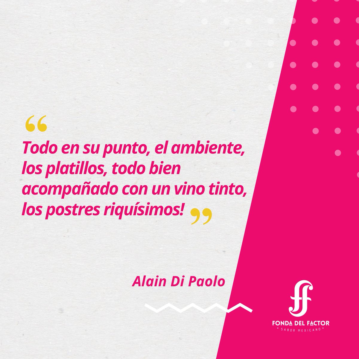 fondadelfactor's tweet photo. ¡Gracias Alain por tu reseña! Te esperamos muy pronto. #FondaDelFactor https://t.co/YcD3W4Gv0b