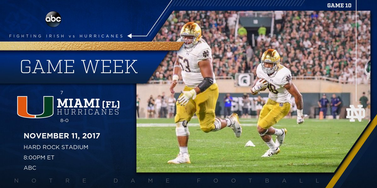 NDFootball's tweet image. It's GAMEWEEK and @CollegeGameDay is coming! 

No. 3 Notre Dame faces No. 7 Miami for a Top-10 showdown in Florida. 

#GoIrish ☘ #BeatCanes