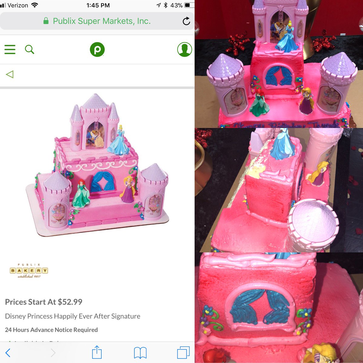 M320_Consulting's tweet photo. @PublixHelps Hi. I ordered the cake on the left. Got a discolored, lopsided version of it, too small to hold the castle on top. #help https://t.co/Vs8Pyjj0hp