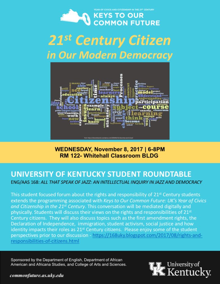 ebf505's tweet image. Join @UKWildcats #21C #Citizen #Modern #Democracy. 11/8. 6-8pm Whitehall 122 @UKarts_sciences @UKY_US #BBn #ENG168 21keys.blogspot.com/2017/10/rights…