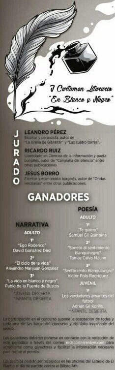 Muy agradecido al Jurado del I Certamen Literario de <a href="/en_byn/">En Blanco y Negro</a>.
▶1º Premio🏆 en la categoría de #poesía 🖋◀ ¡Un orgullo, <a href="/Burgos_CF/">Burgos Club de Fútbol</a>! 👏