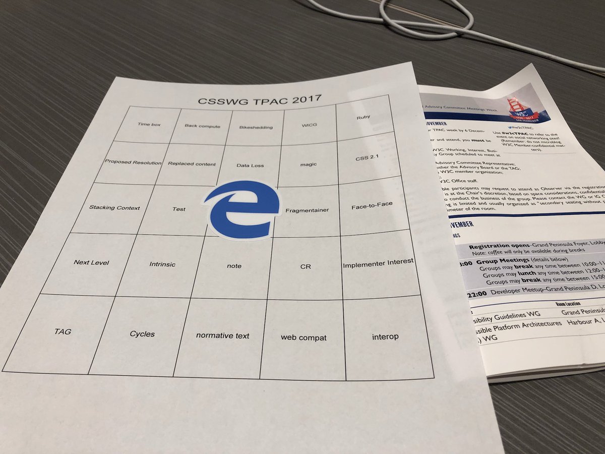rachelandrew's tweet image. We’re all set for the #CSSWG meeting at #w3cTPAC. I’ve been told it’s invalid to include all the bingo words when introducing my issue.